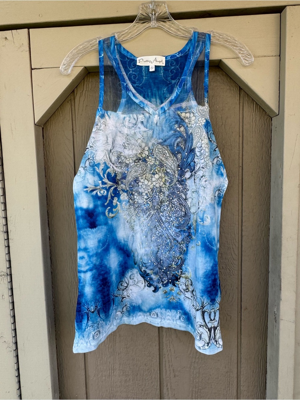 Y2K Pretty Angel Blue Tie-Dye Rhinestone Embellished Floral Tank Top
